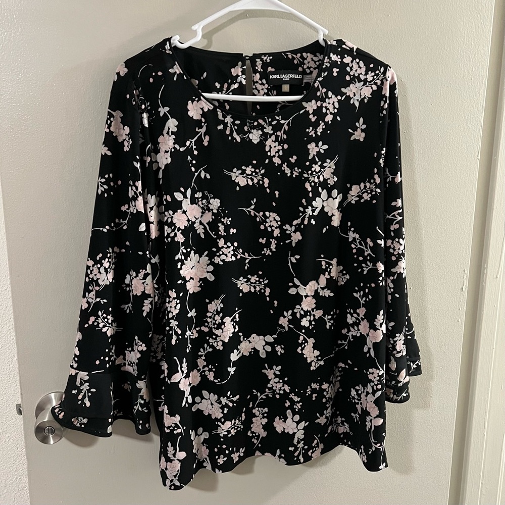 Karl Lagerfeld Black and Pink Floral Blouse